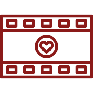 Red filmstrip icon with a heart at the center, symbolizing love for movies or filmmaking.