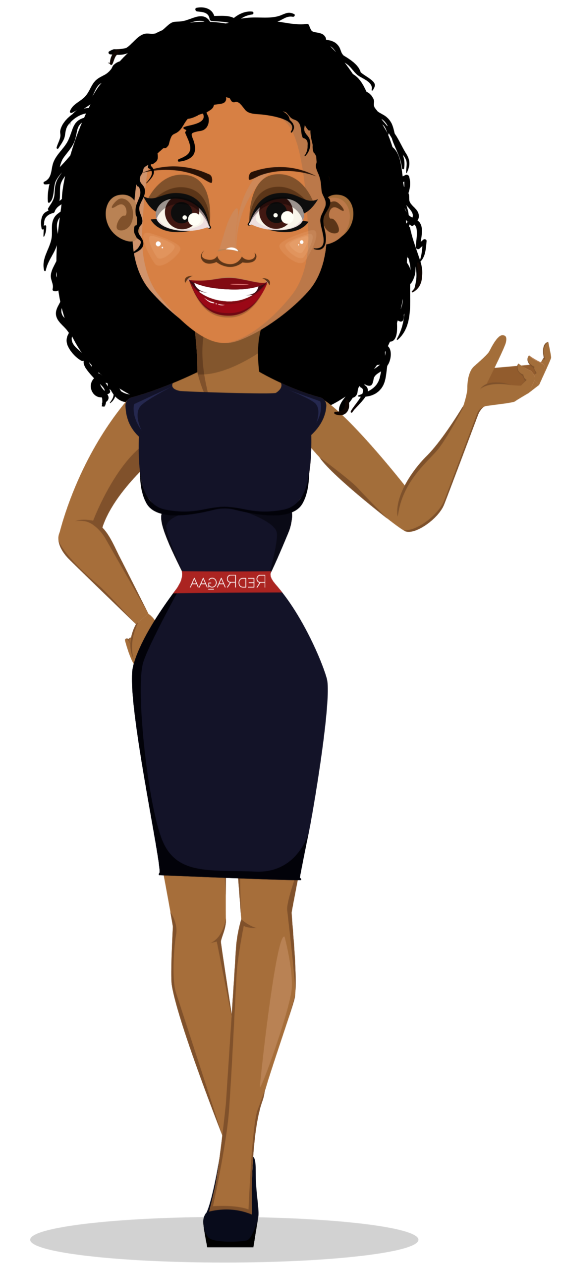 Illustration of a smiling woman in a navy dress, gesturing confidently.