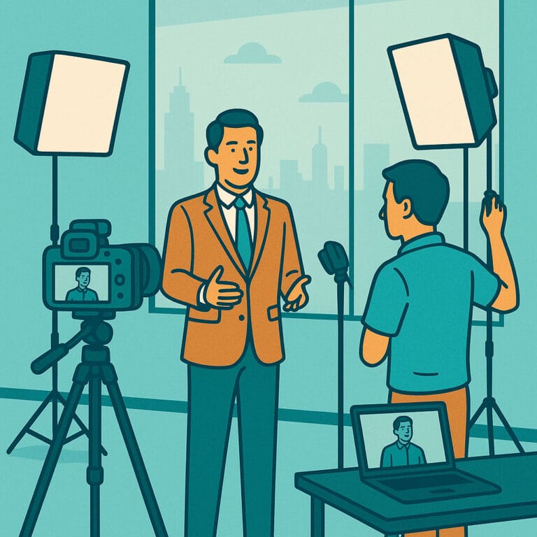 Cartoon men filming an interview in a studio.