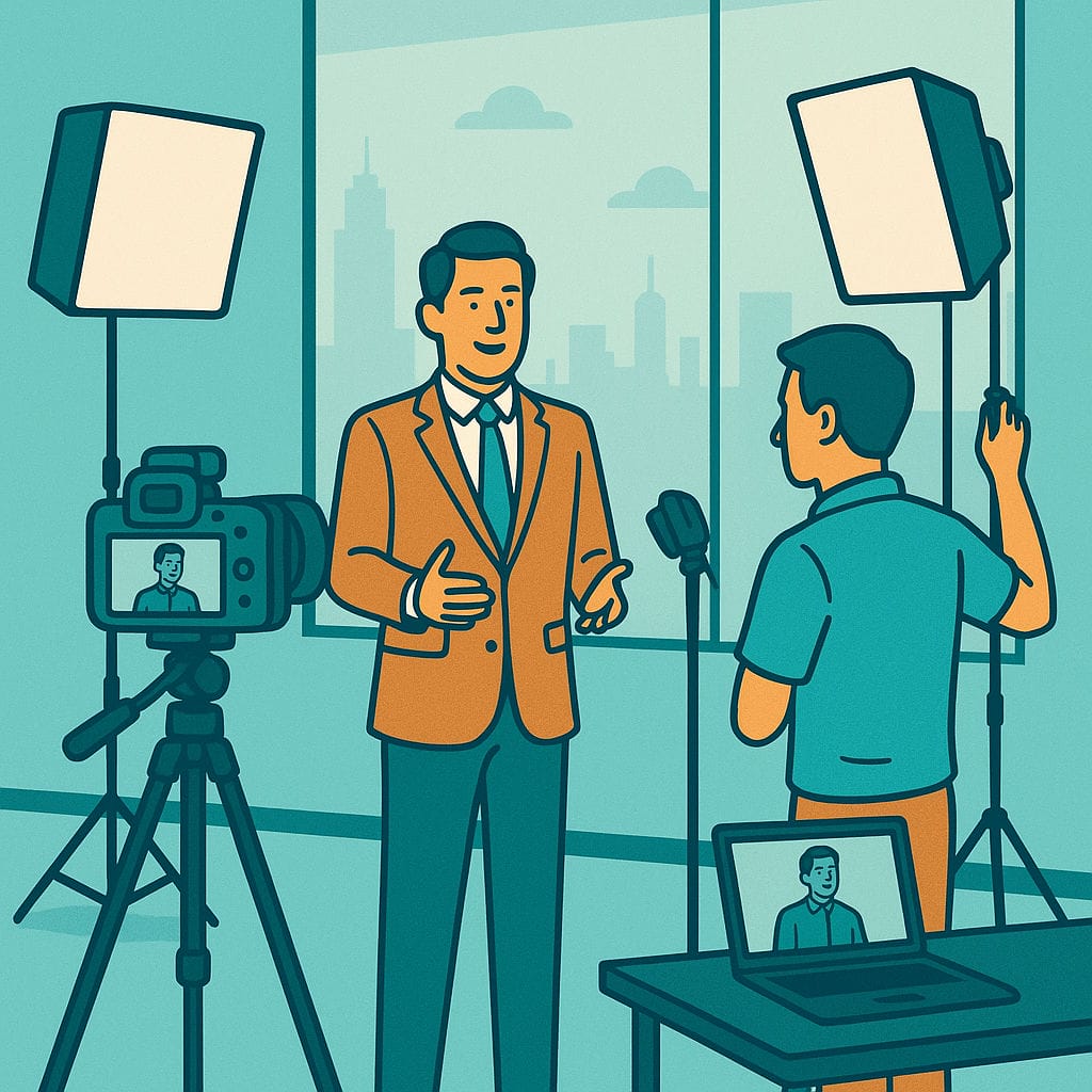Cartoon men filming an interview in a studio.