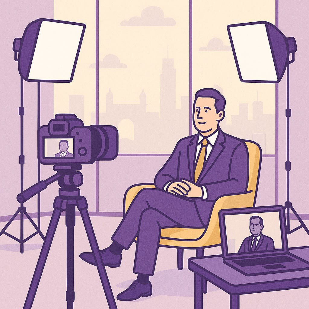 Man being filmed in office with professional equipment.
