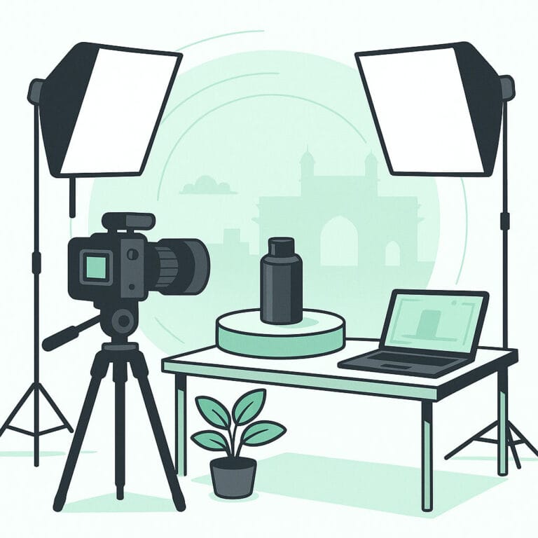 Product photography setup with camera and lights.