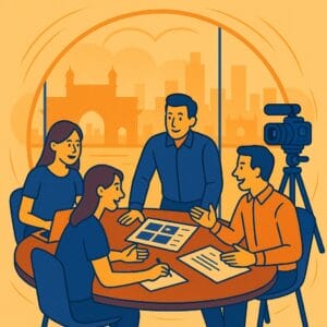 Team meeting in office with camera setup