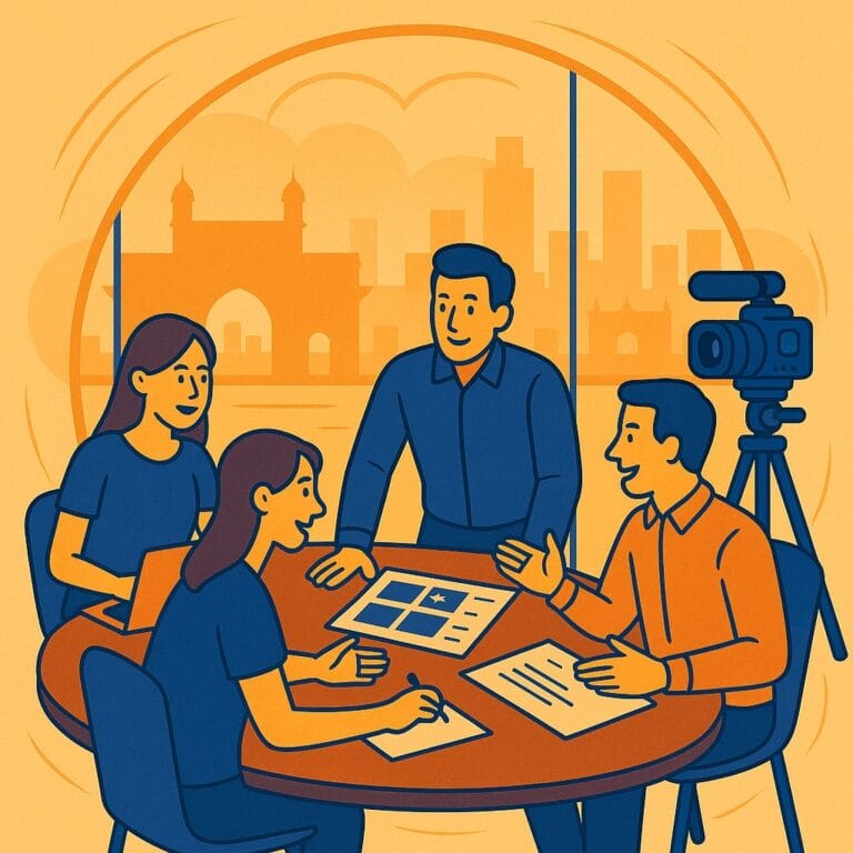 Team meeting in office with camera setup