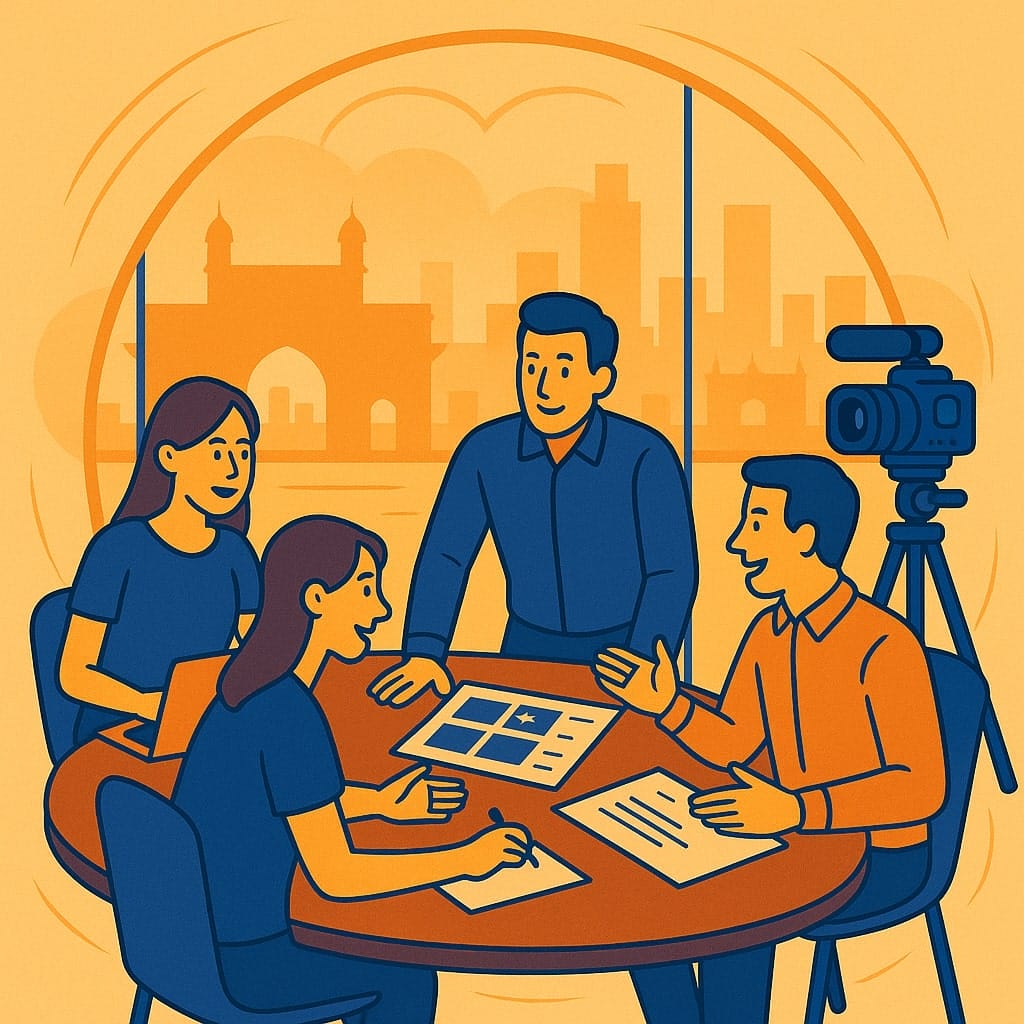 Team meeting in office with camera setup