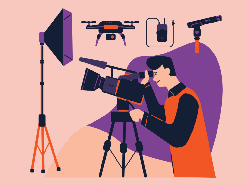 Videographer filming with equipment and lighting setup.