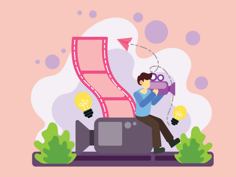 Illustration of filmmaker with camera and film reel.