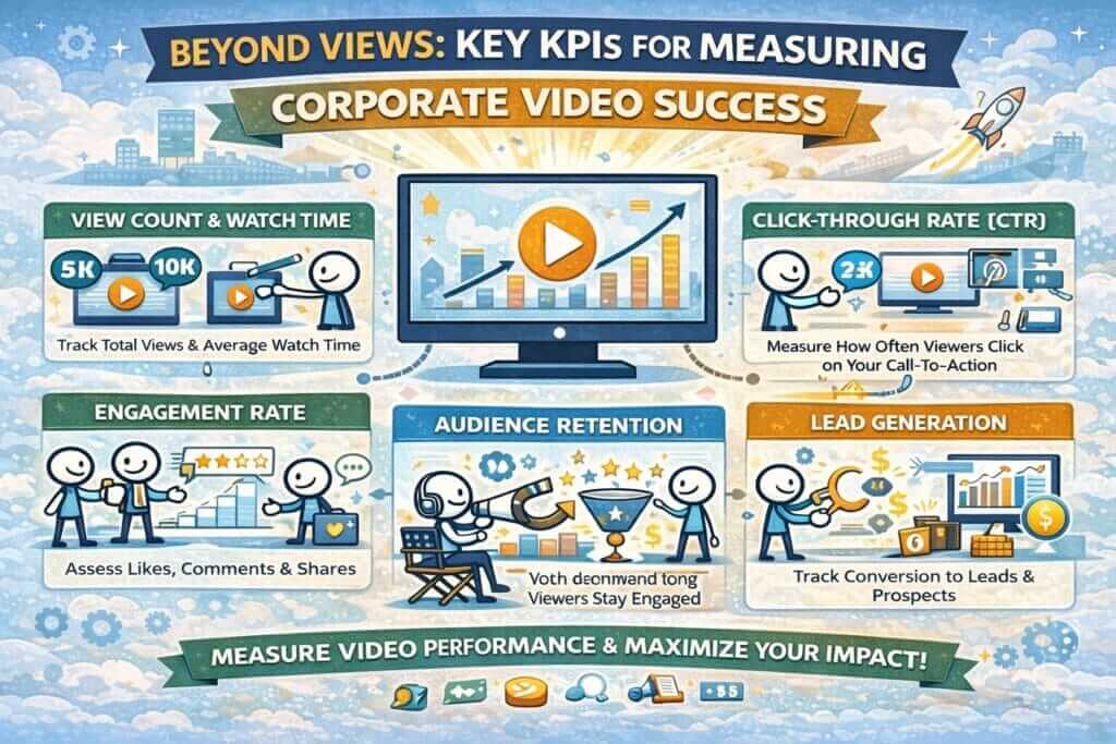 KPIs for measuring corporate video success infographic.