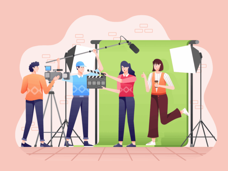 Film crew with actors on set