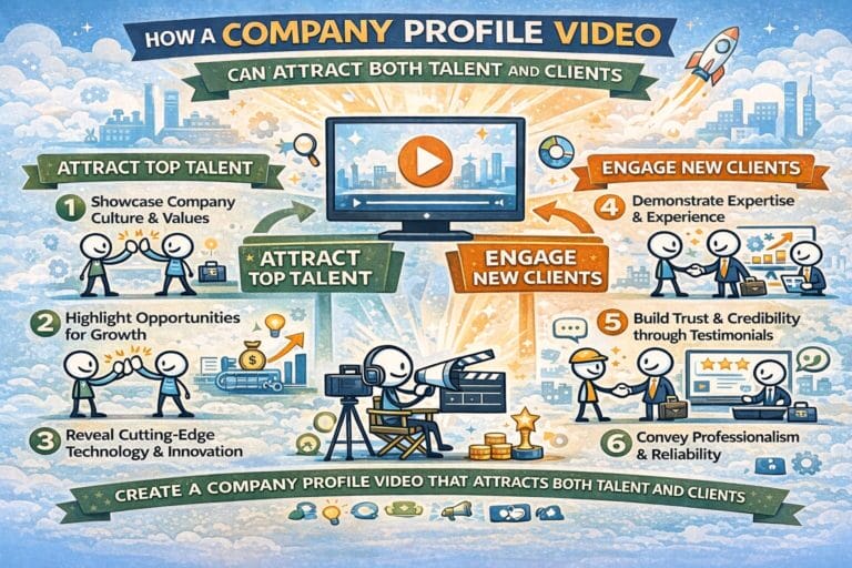 Company profile video attracting talent and clients infographic.