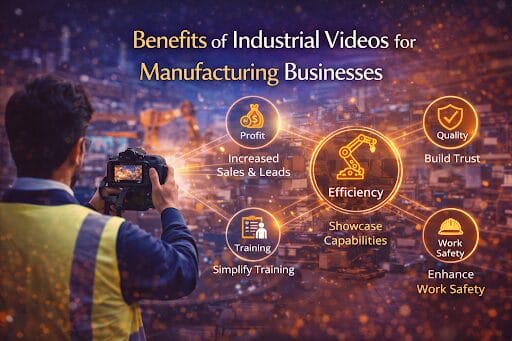 Industrial videographer filming factory with marketing benefits overlay