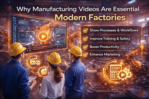 Workers viewing manufacturing video in modern factory