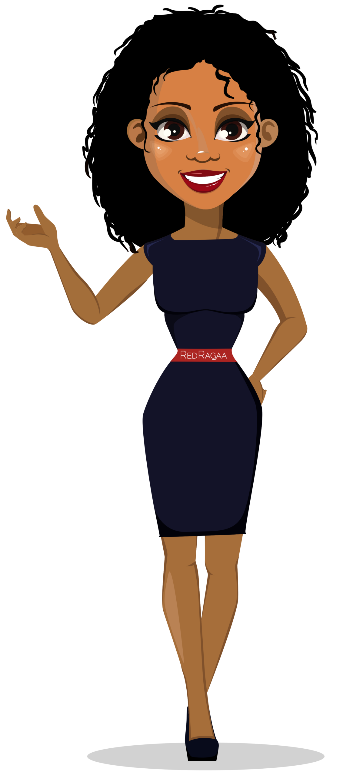 Cartoon woman in navy dress waving
