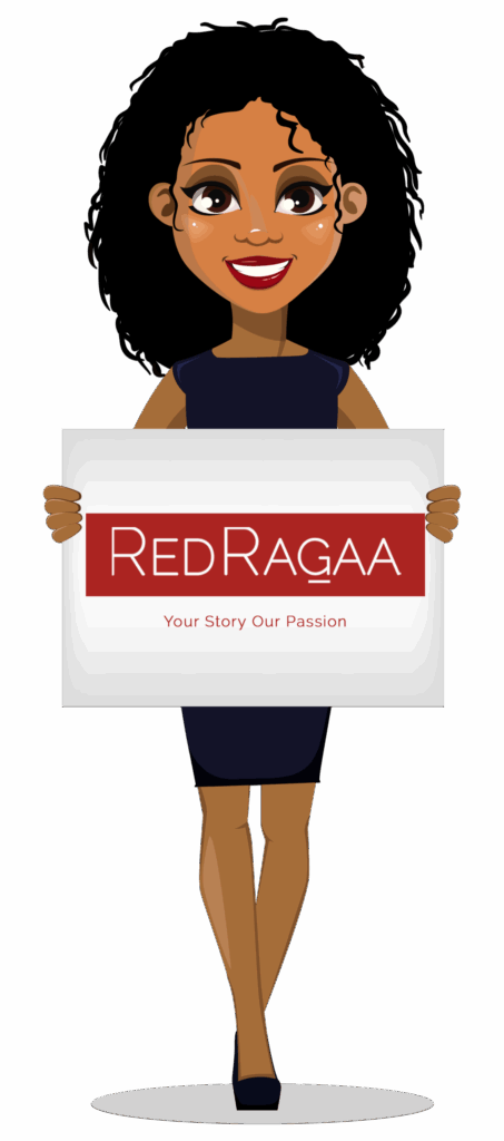 Cartoon woman holding RedRagaa promotional sign