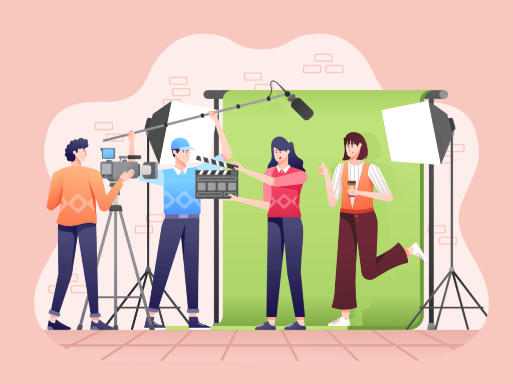 Film crew recording scene with green screen backdrop